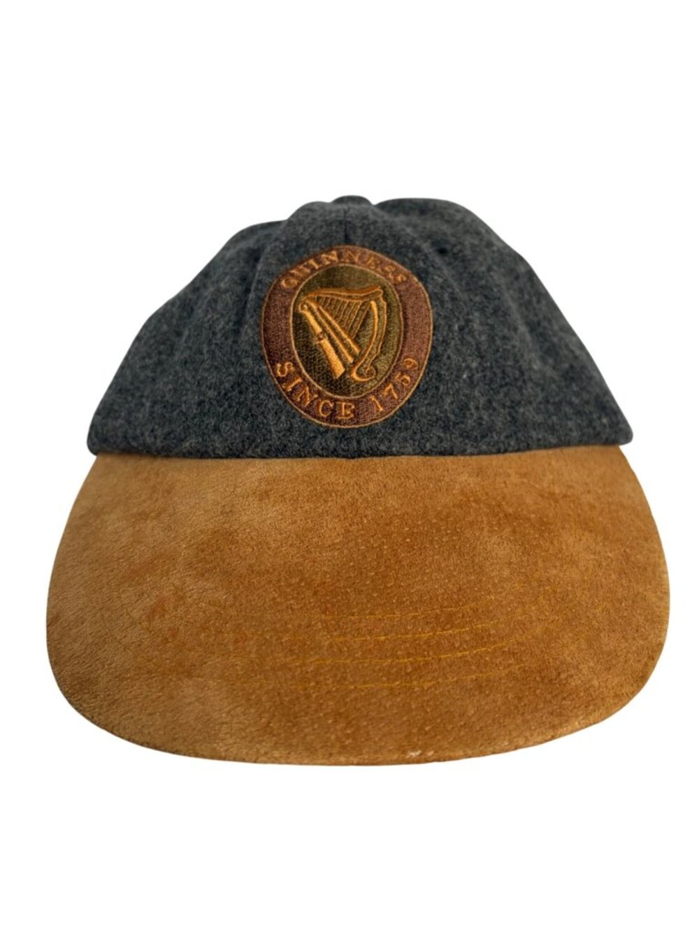 Guinness Wool Blend Cap Gray with Brown Faux Suede Brim Adjustable Strap Back
